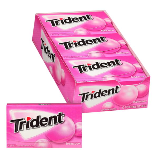 بسته 12 عددی آدامس بادکنکی برند تریدنت Trident مناسب سلامت دندان و تازگی دهان با طعم قدیمی بادکنی , خرید از آنلاین شاپ مزلاین.