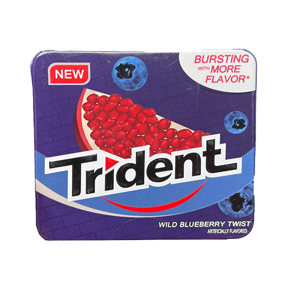 آدامس بدون شکر بلوبری و انار فلزی برند تریدنت Trident مناسب سلامت دندان و تازگی با طعم تازه میوه , خرید از آنلاین شاپ مزلاین.