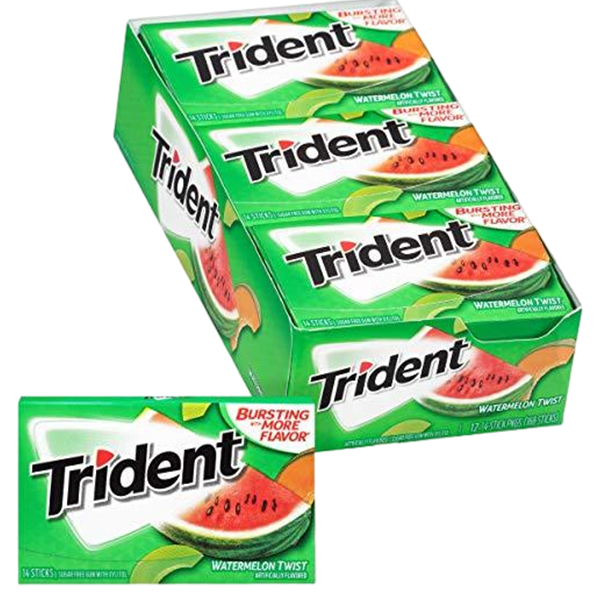 بسته 12 عددی آدامس هندوانه برند تریدنت Trident مناسب سلامت دندان و دهان با طعم هندوانه خوش طعم , خرید از مزلاین.