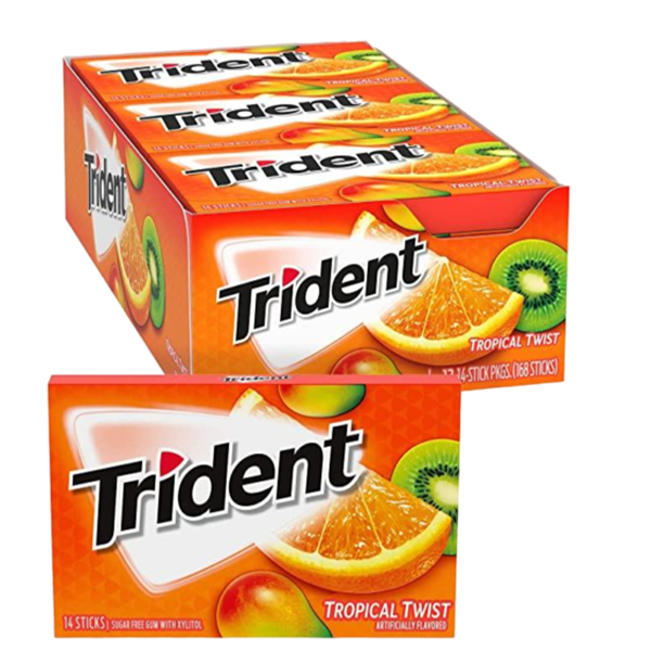 بسته 12 عددی آدامس استوایی برند تریدنت Trident مناسب سلامت دندان و دهان با طعم میوه های تازه و خوش طعم , خرید از آنلاین شاپ مزلاین.