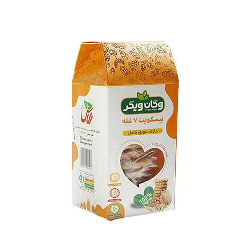 بیسکویت7 غله وگان کاملا گیاهی حاوی جودوسر پرک و شیرین شده با شکر قهوه ای نیشکر خرید از مزلاین