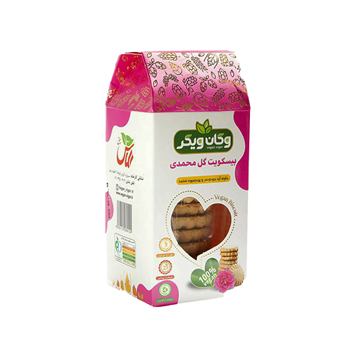 بیسکویت گل محمدی برند وگان Vegan Vigor بدون مواد نگهدارنده کاملا گیاهی و غیر تراریخته و بدون رنگ و اسانس